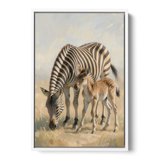 Zebra Mare Nuzzling Her Foal for the Bathroom - White Framed Canvas Wall Art - Front