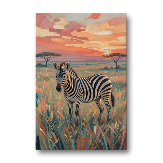 Zebra Oil Painting in Sunset Grass - Canvas Wall Art - Front