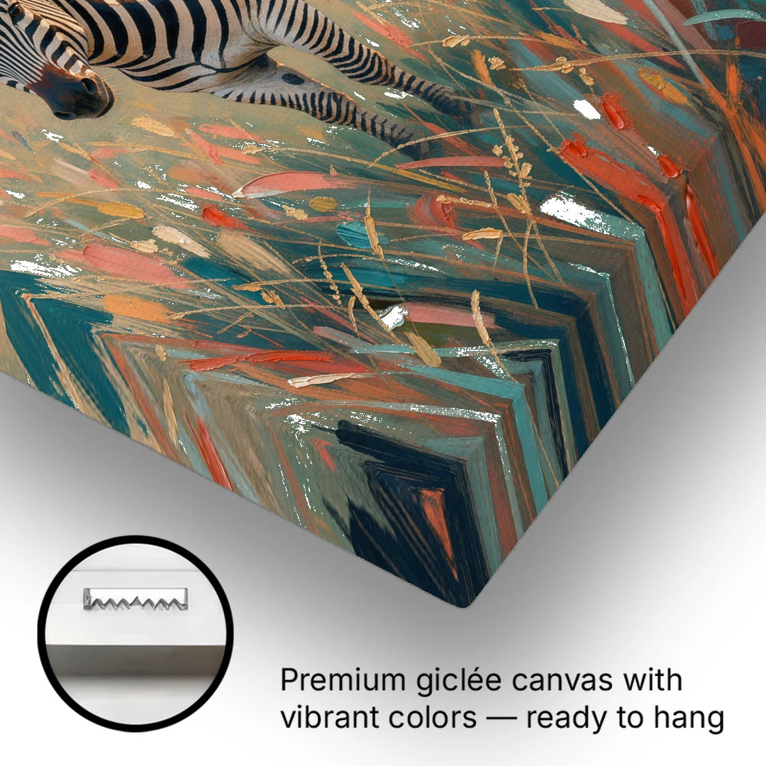 Zebra Oil Painting in Sunset Grass - Canvas Wall Art - Gallery Wrap Corner