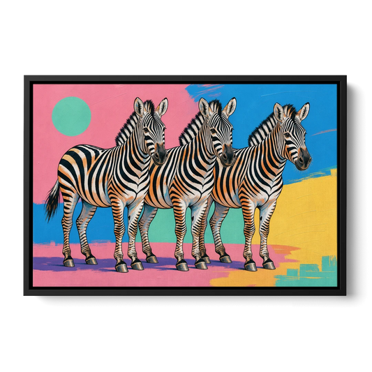 Zebra Pop Art Trio for the Living Room - Black Framed Canvas Wall Art - Front