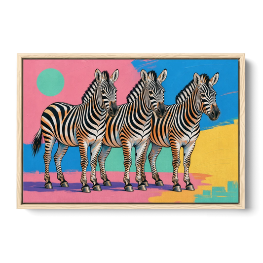 Zebra Pop Art Trio for the Living Room - Oak Framed Canvas Wall Art - Front