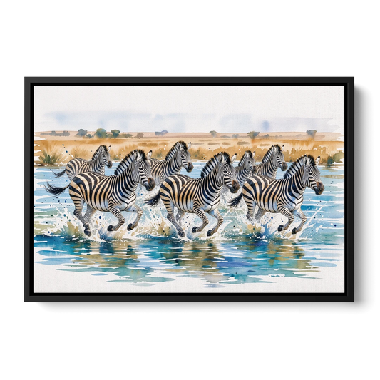 Zebra Watercolor Painting River Crossing - Black Framed Canvas Wall Art - Front