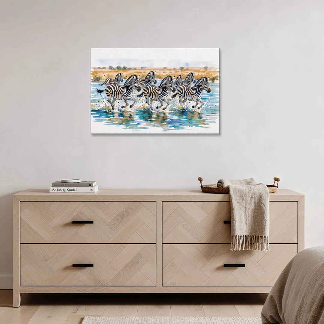 Zebra Watercolor Painting River Crossing - Canvas Wall Art - Coffee Table - 36x24