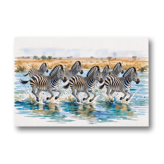 Zebra Watercolor Painting River Crossing - Canvas Wall Art - Front