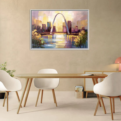 St. Louis Gateway Arch And City Lights - Living Room White Frame Canvas