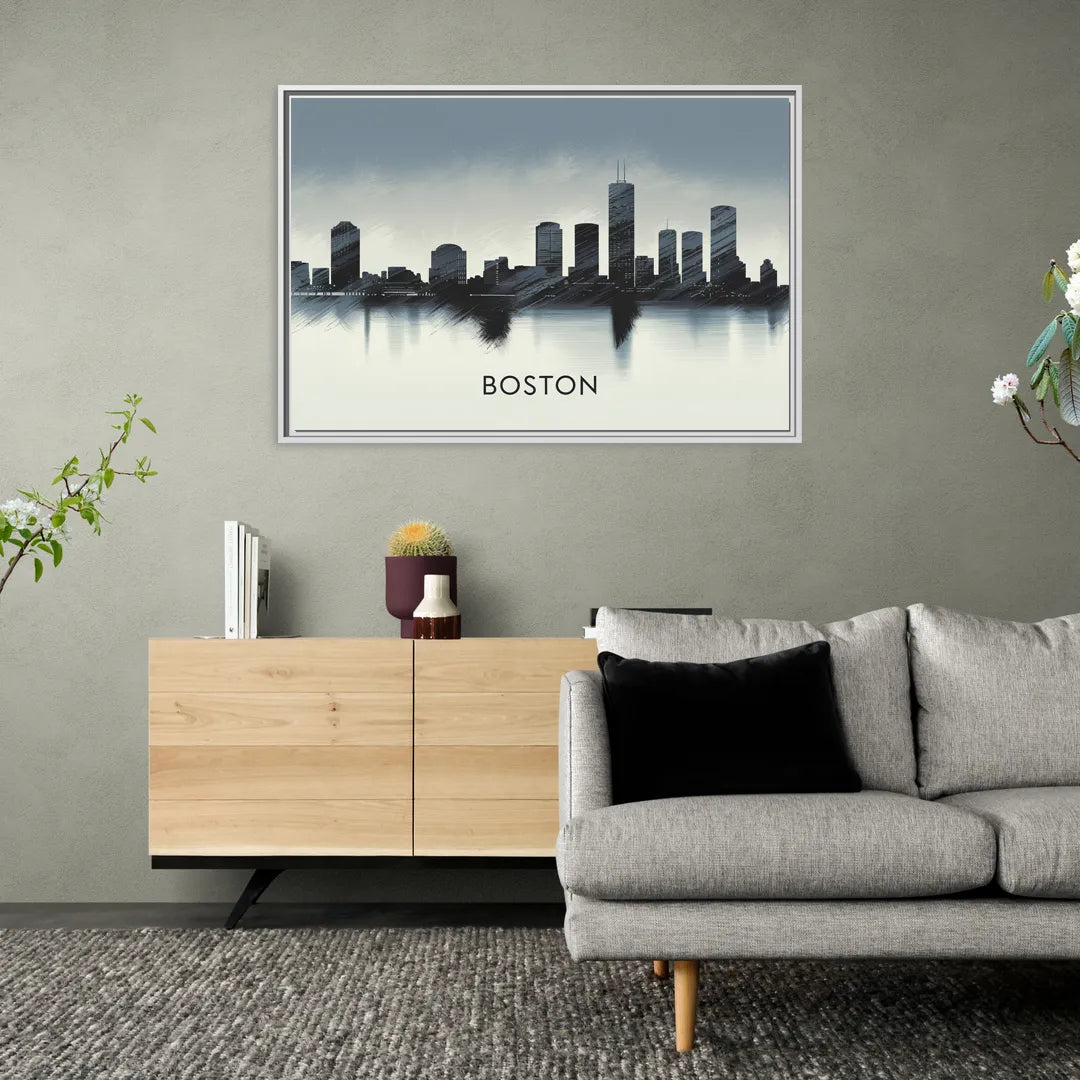 Boston Skyline In Fog - Living Room White Frame Canvas