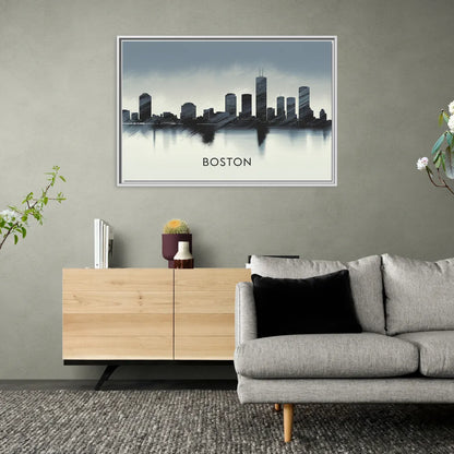 Boston Skyline In Fog - Living Room White Frame Canvas
