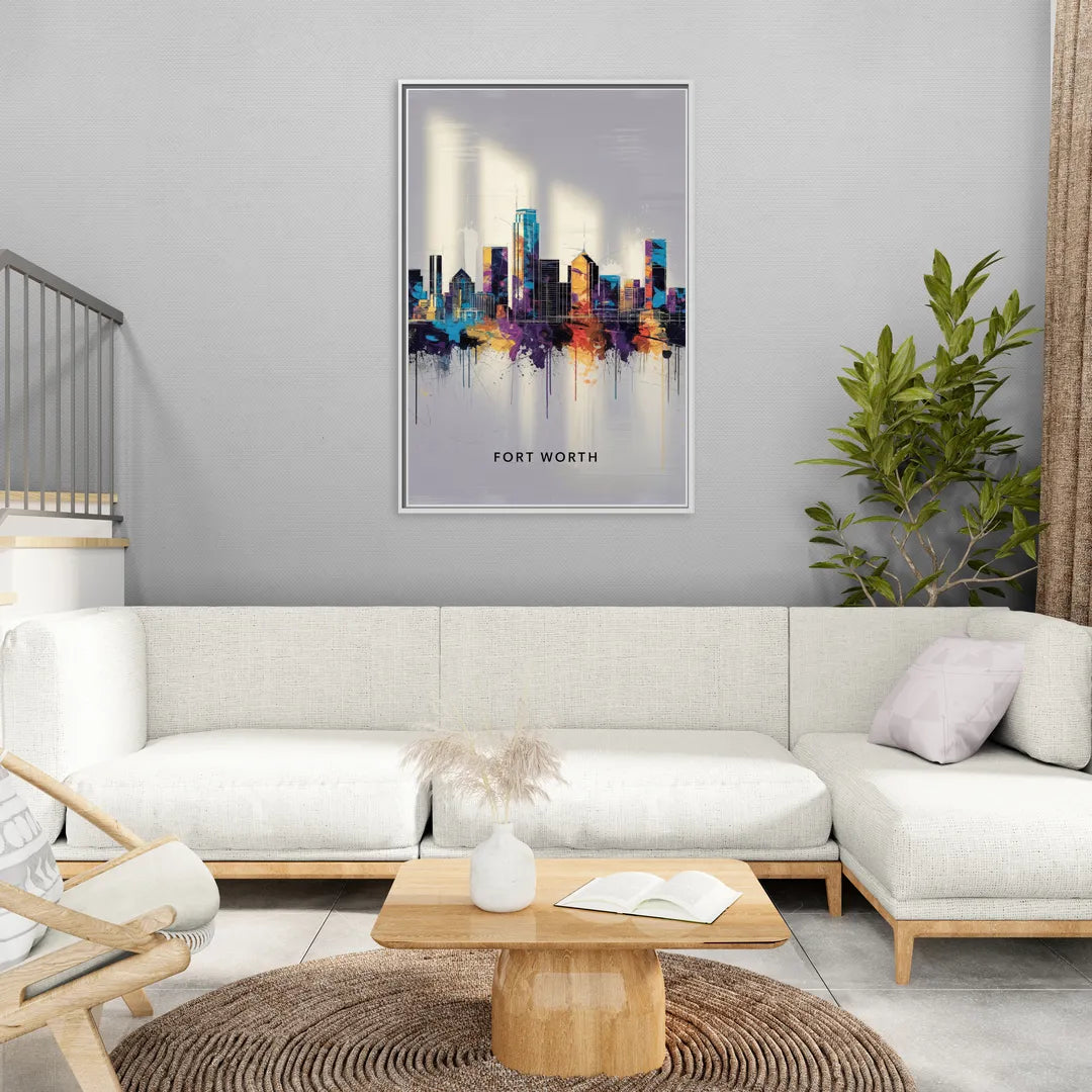Fort Worth Downtown Skyline - Living Room White Frame Canvas