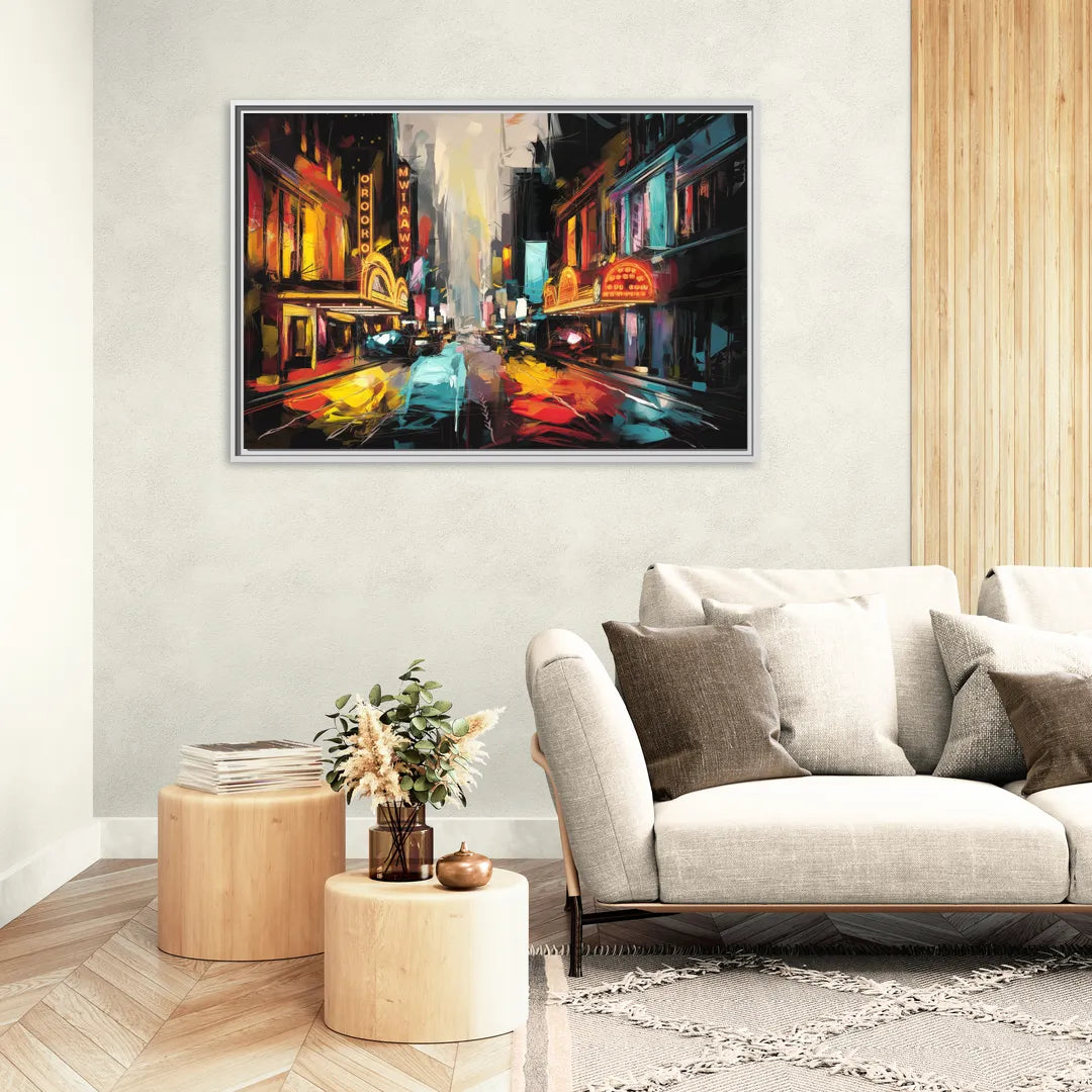 New York City Broadway Lights - Living Room White Frame Canvas