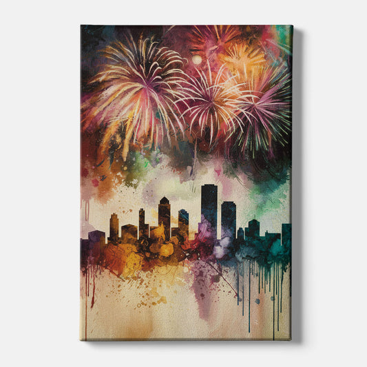 Buffalo Skyline with Fireworks - Canvas Wall Art