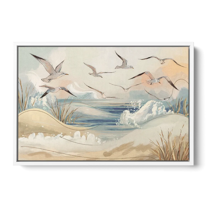 Myrtle Beach Seagulls In Flight - White Frame Canvas
