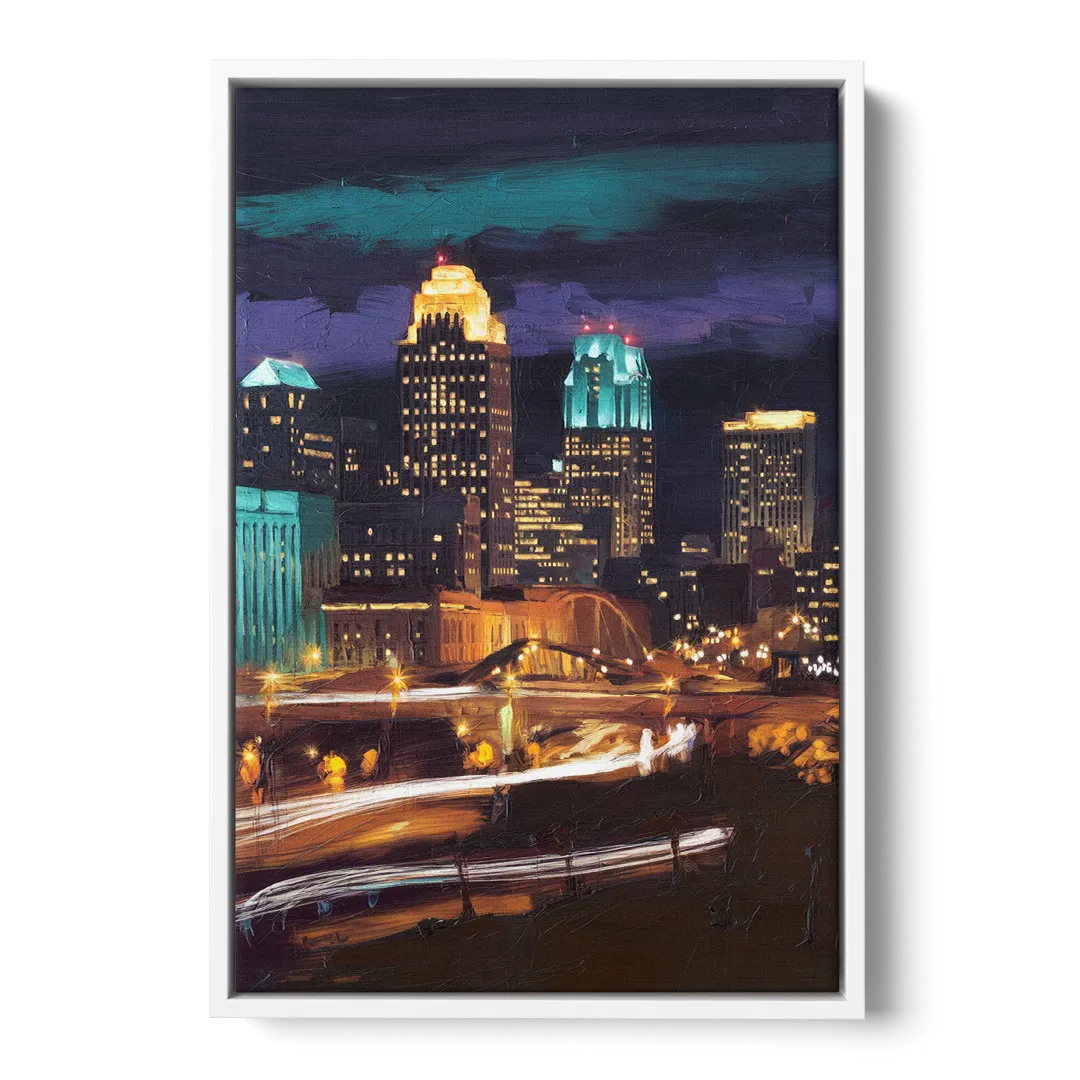 Kansas City Nighttime Skyline - White Frame Canvas