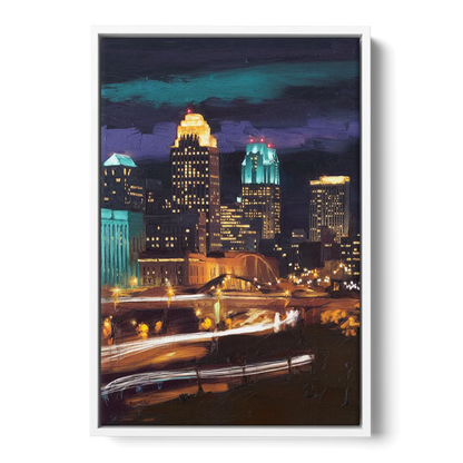 Kansas City Nighttime Skyline - White Frame Canvas