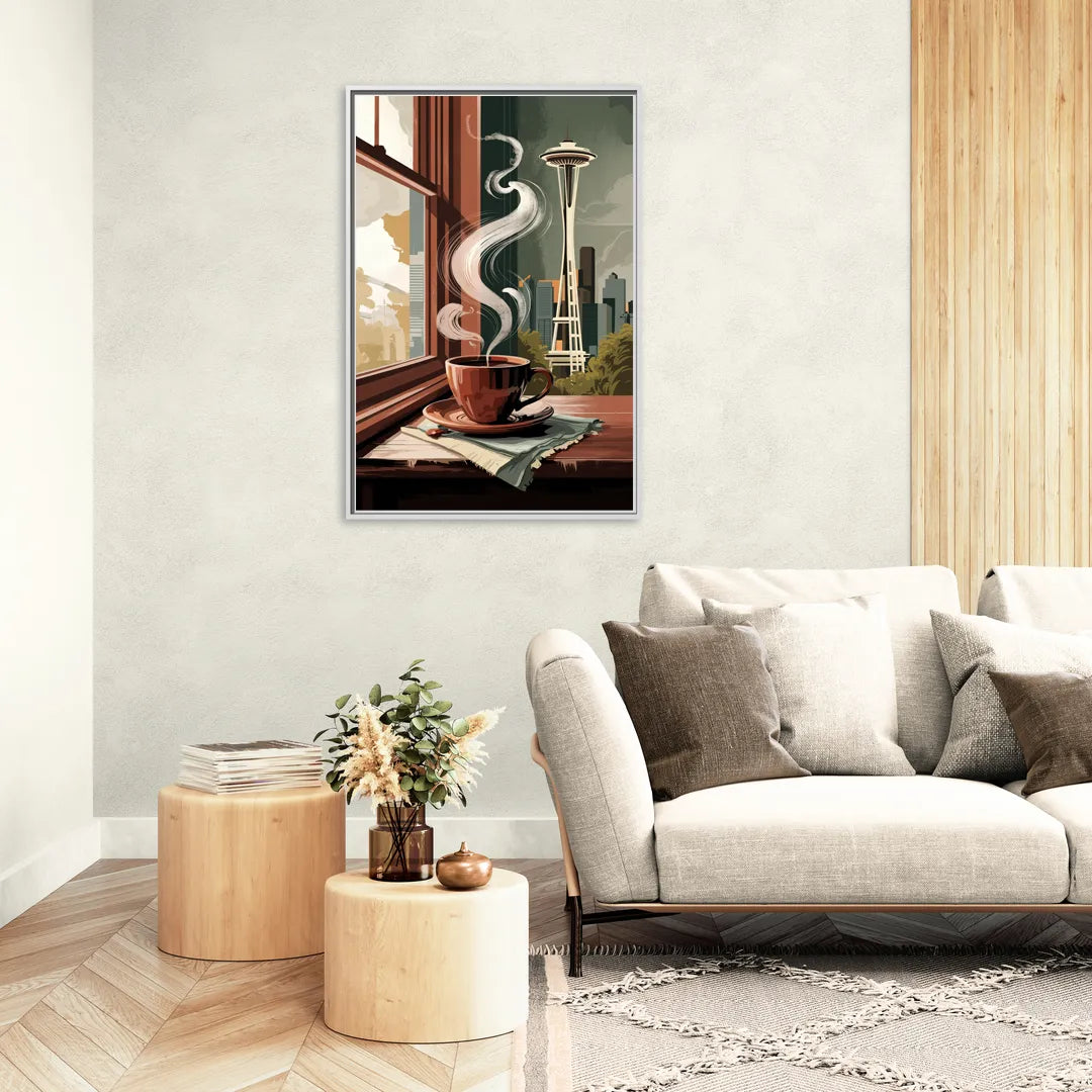 Seattle Coffee Culture Vibes - Living Room White Frame Canvas