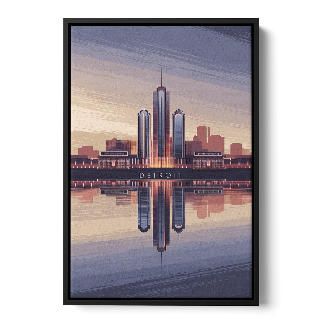 Detroit Skyline Reflections - Black Frame Canvas