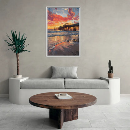 Huntington Beach Pier Sunset - Living Room White Frame Canvas