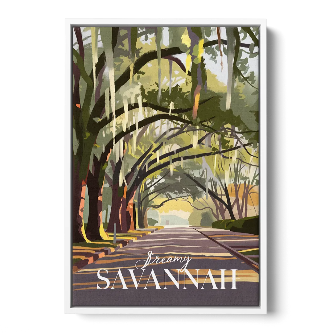 Savannah Spanish Moss Streets - White Frame Canvas