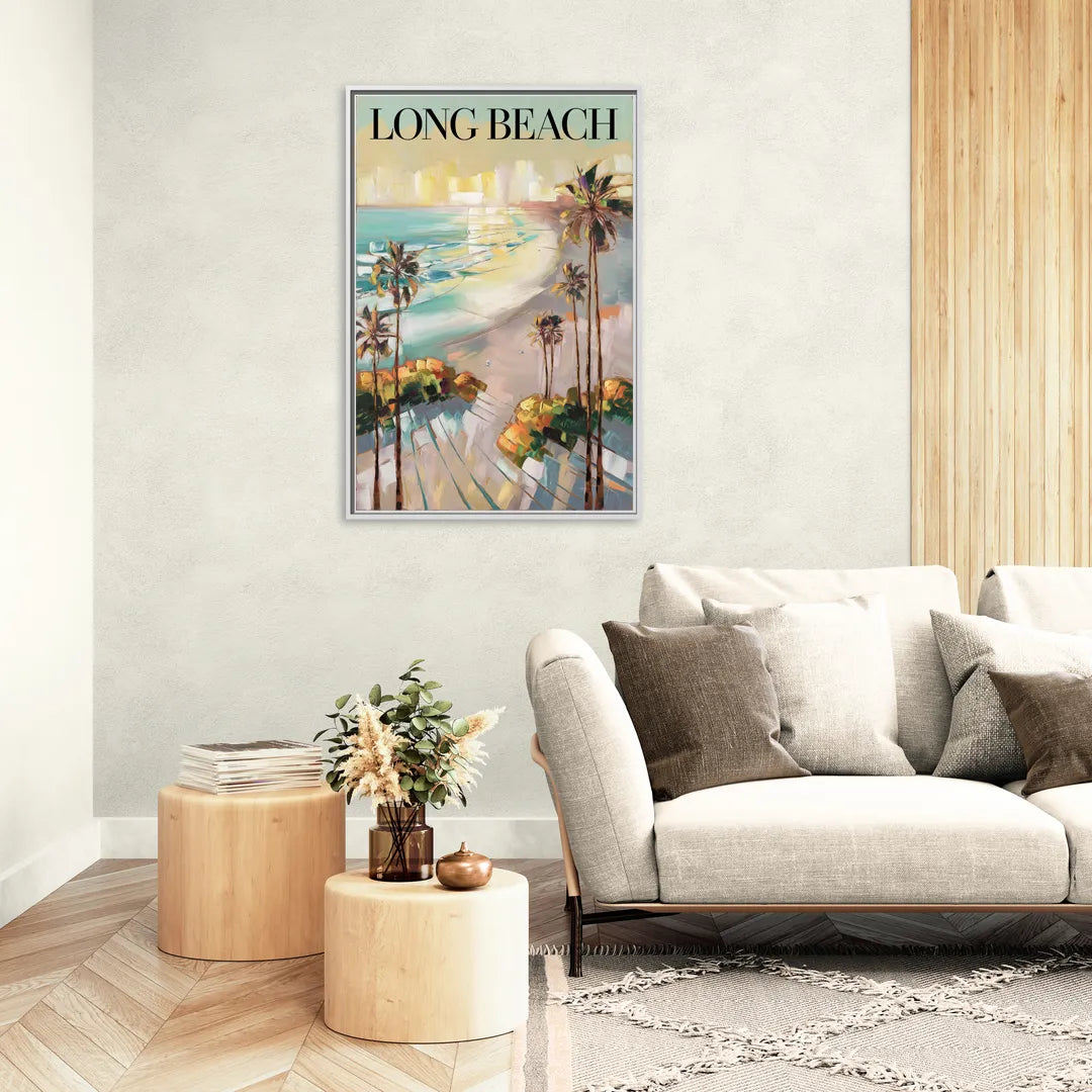 Long Beach California Palm Trees - Living Room White Frame Canvas