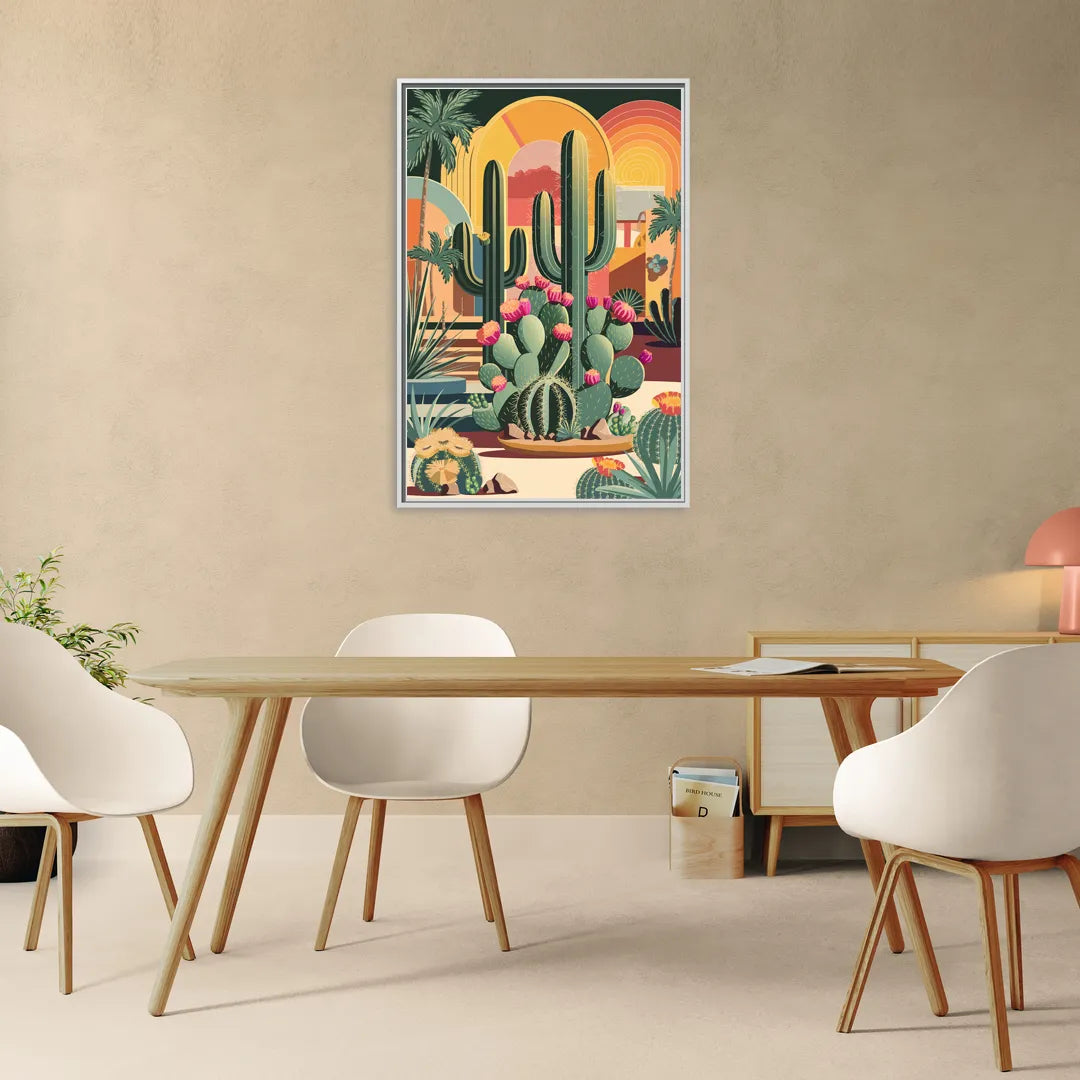 Palm Springs Colorful Cactus - Living Room White Frame Canvas
