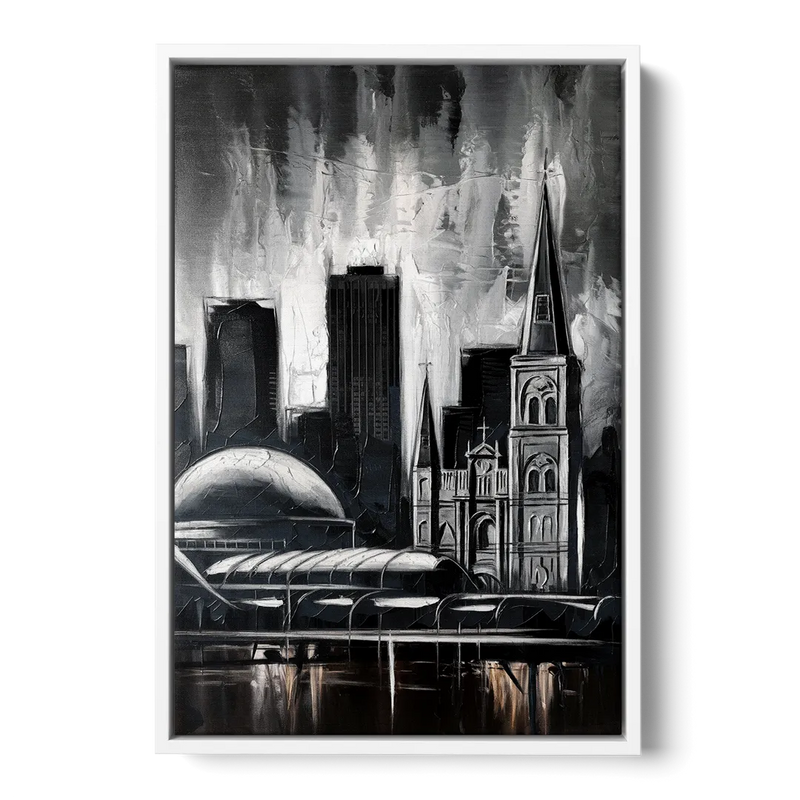 New Orleans Black and White Skyline - White Frame Canvas