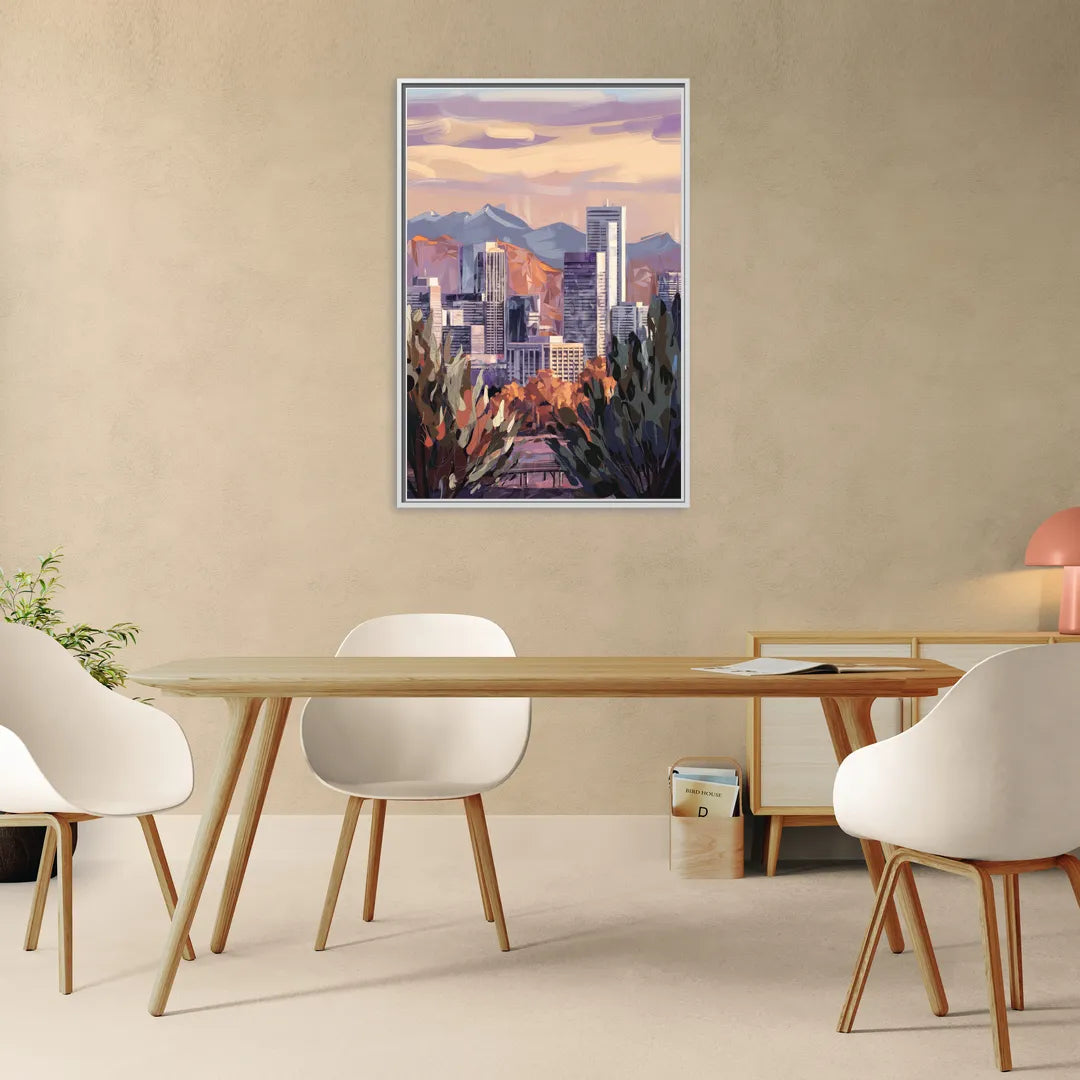 Denver Downtown Panorama - Living Room White Frame Canvas