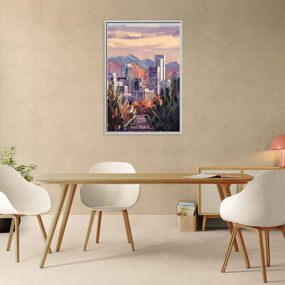 Denver Downtown Panorama - Living Room White Frame Canvas