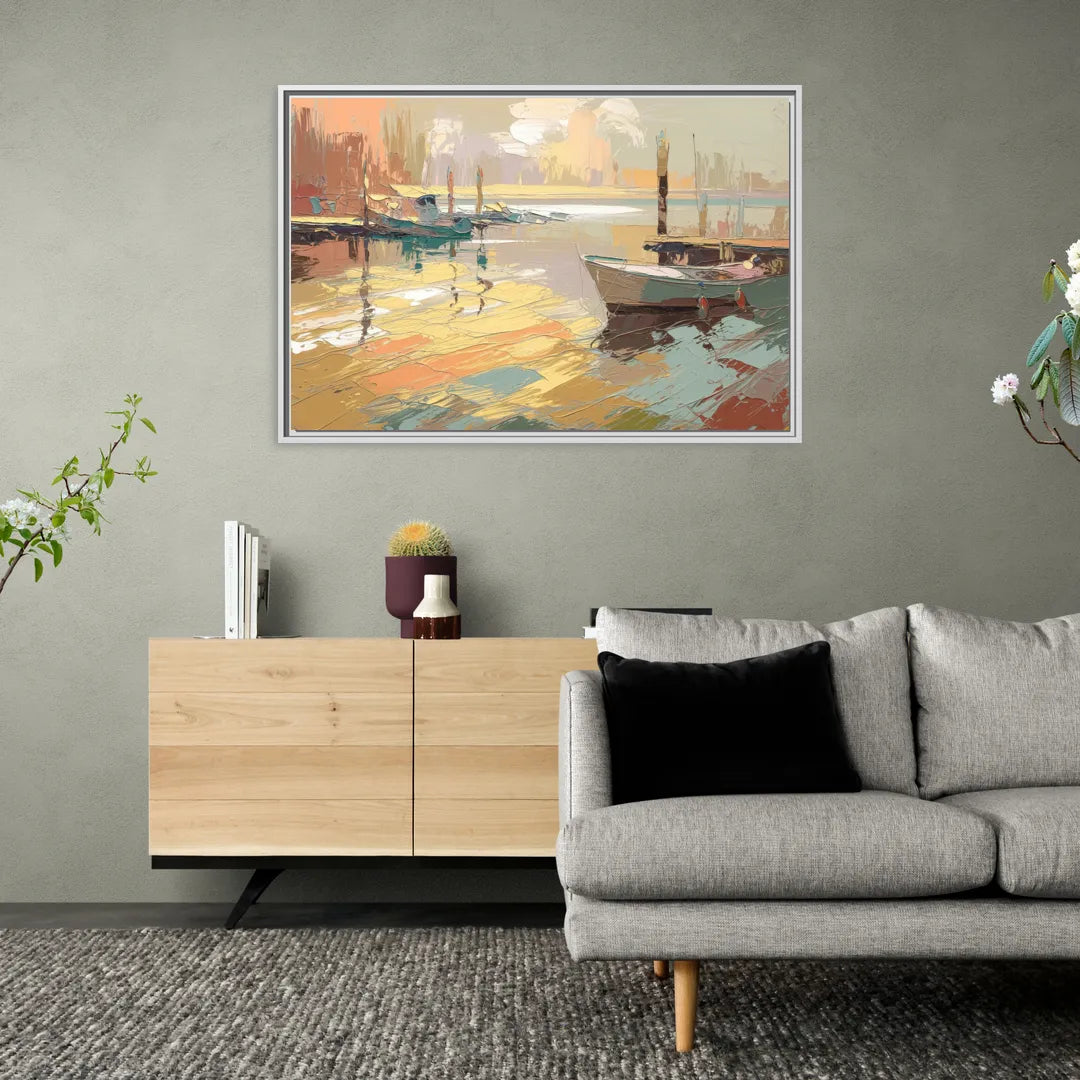 Seaside Harbor Reflections - Living Room White Frame Canvas