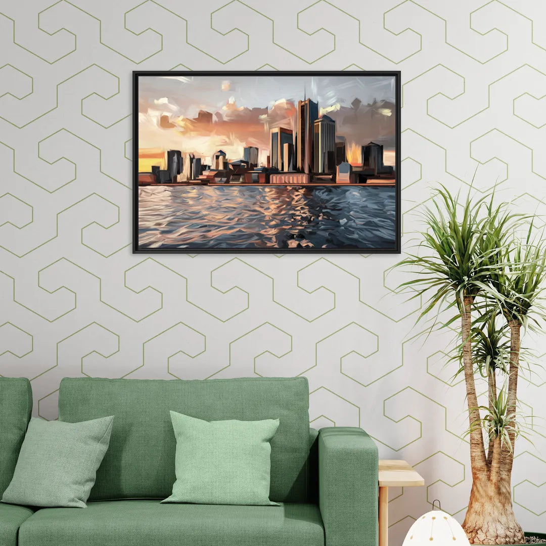 Detroit Cityscape Photography - Living Room Black Frame Canvas