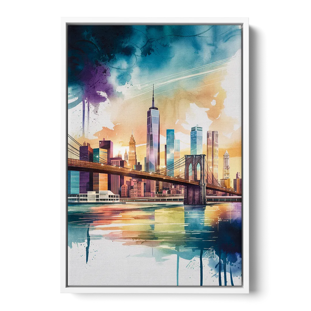 New York City Skyline in Watercolor Hudson - White Frame Canvas