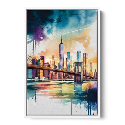 New York City Skyline in Watercolor Hudson - White Frame Canvas