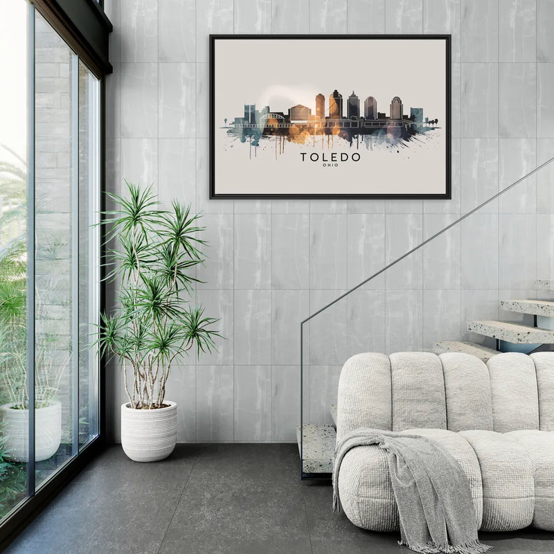 Toledo Skyline Panorama - Living Room Black Frame Canvas