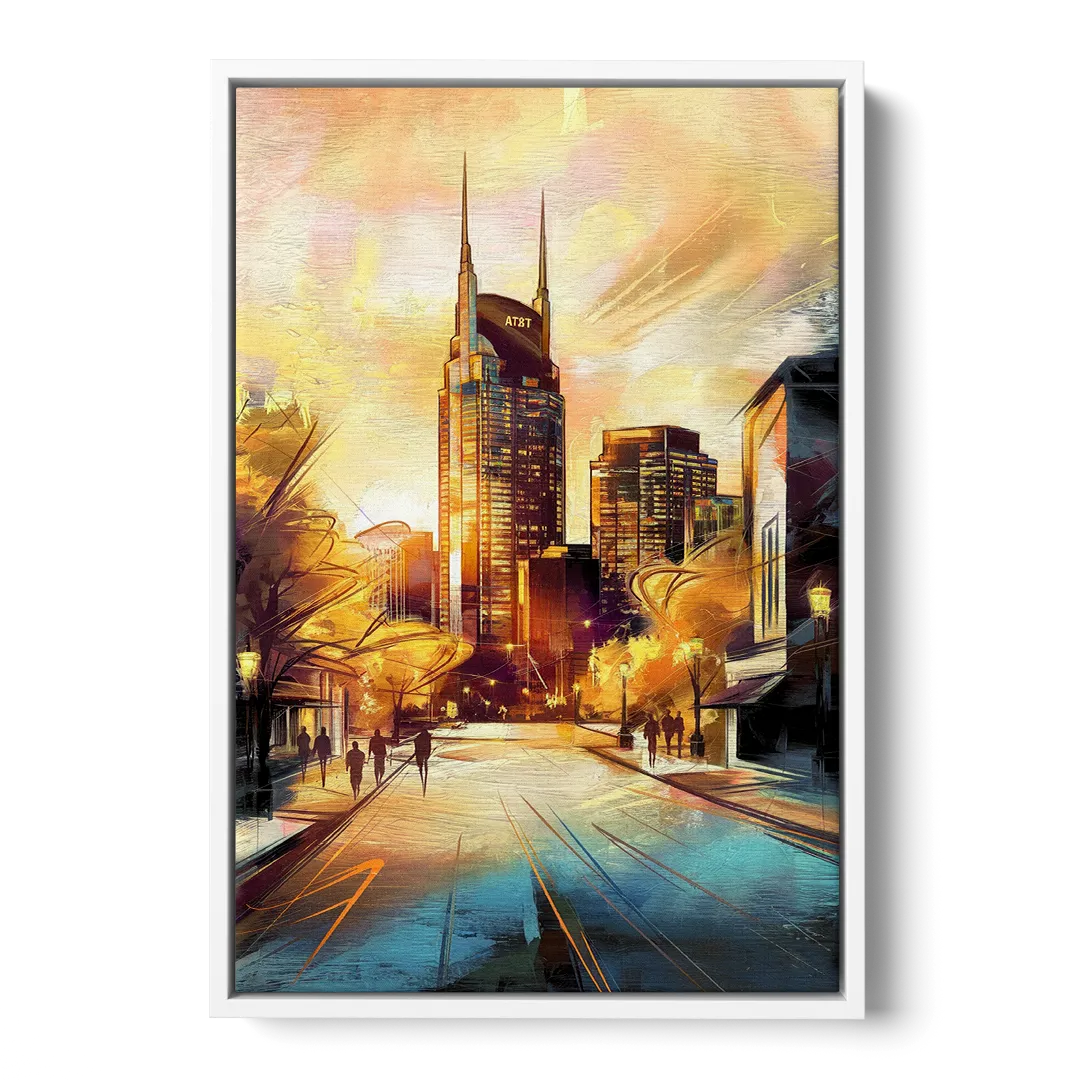 Nashville Downtown Streets - White Frame Canvas