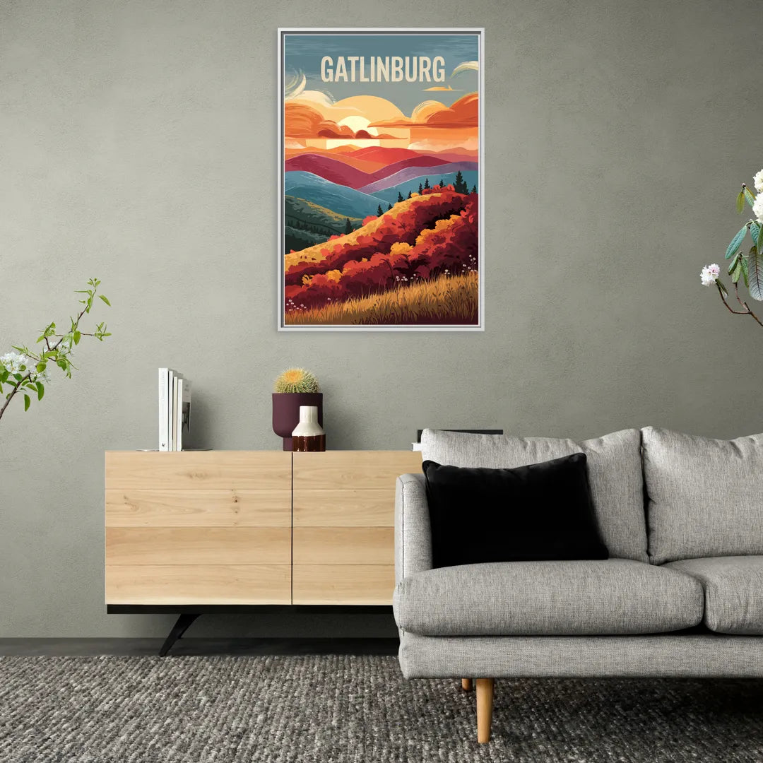 Gatlinburg Sunset Over Hills - Living Room White Frame Canvas