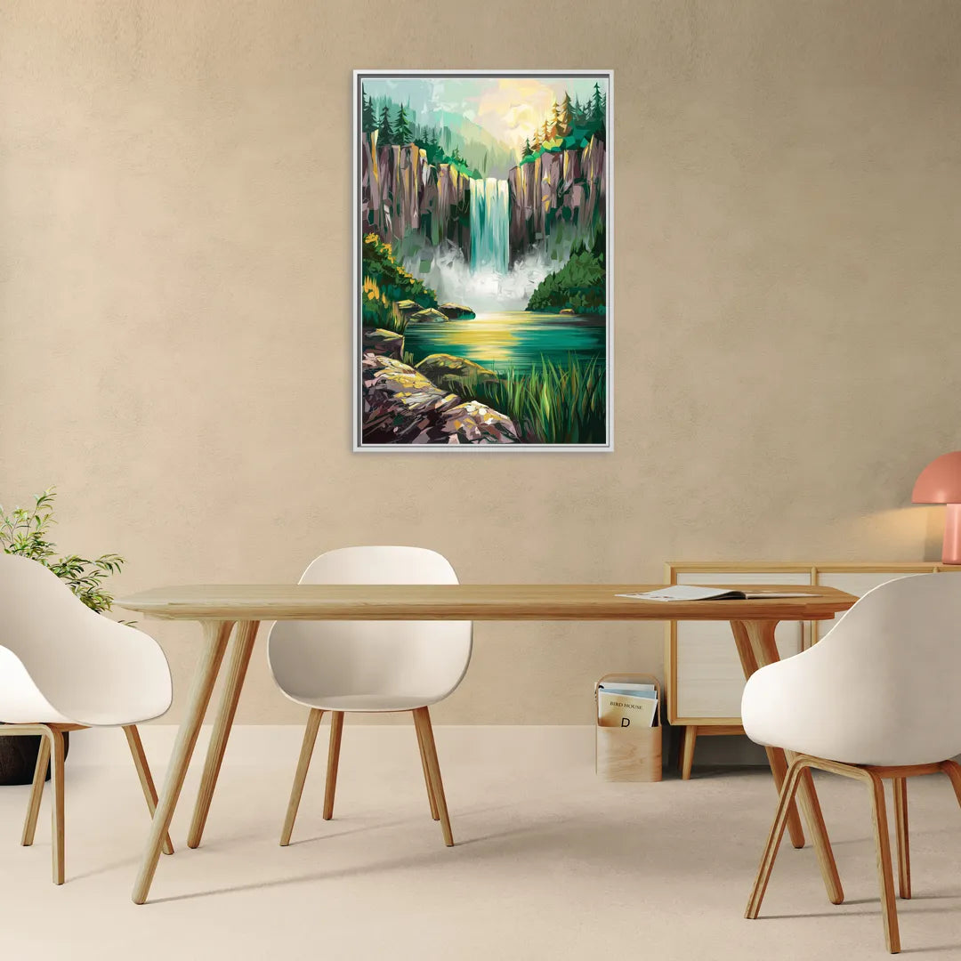 Spokane Waterfalls Scene - Living Room White Frame Canvas