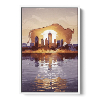 Buffalo Cityscape Reflection - White Frame Canvas