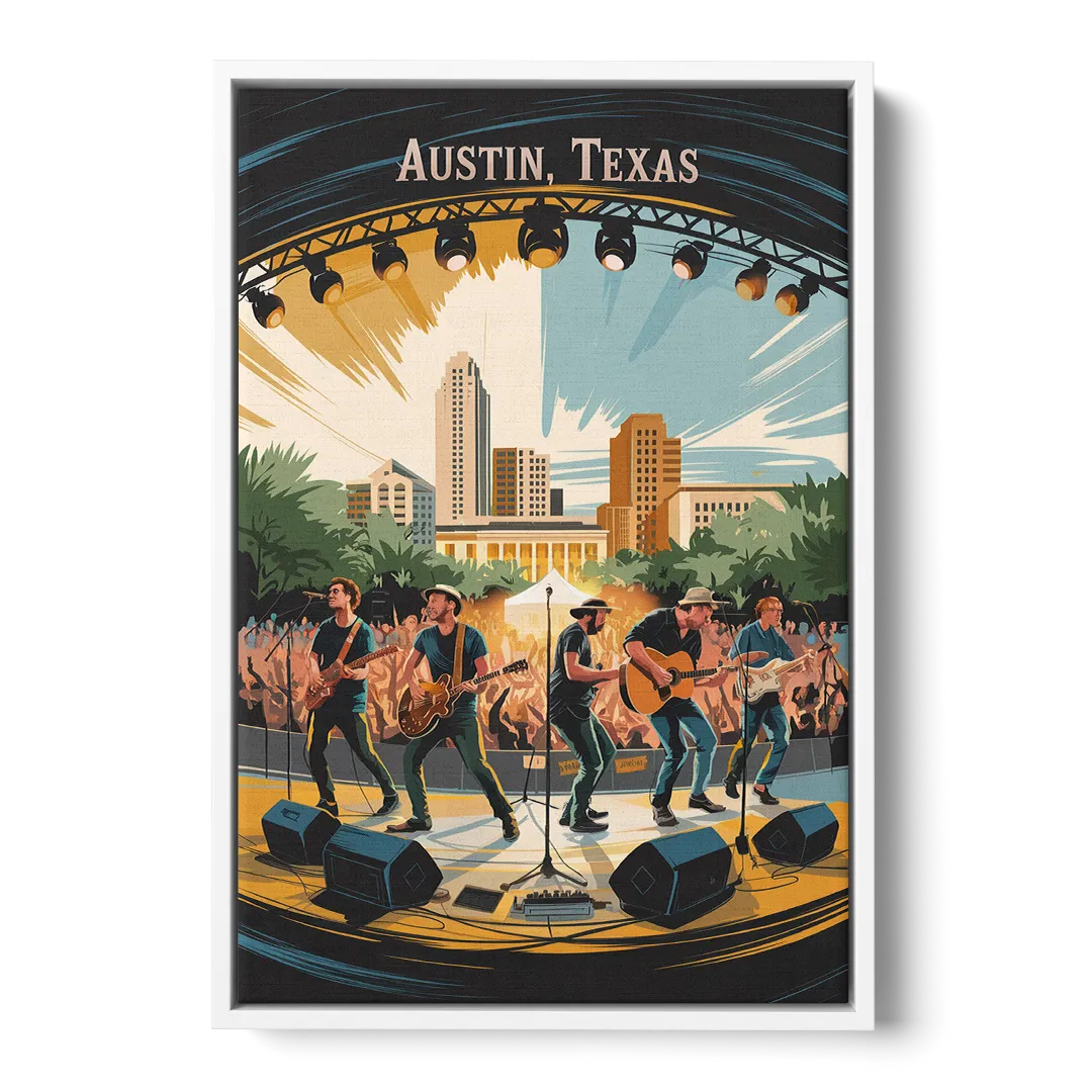Austin Live Music Capital - White Frame Canvas
