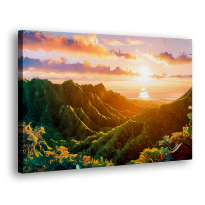 Honolulu Sunset Over Mountains - Canvas Print Art Sides