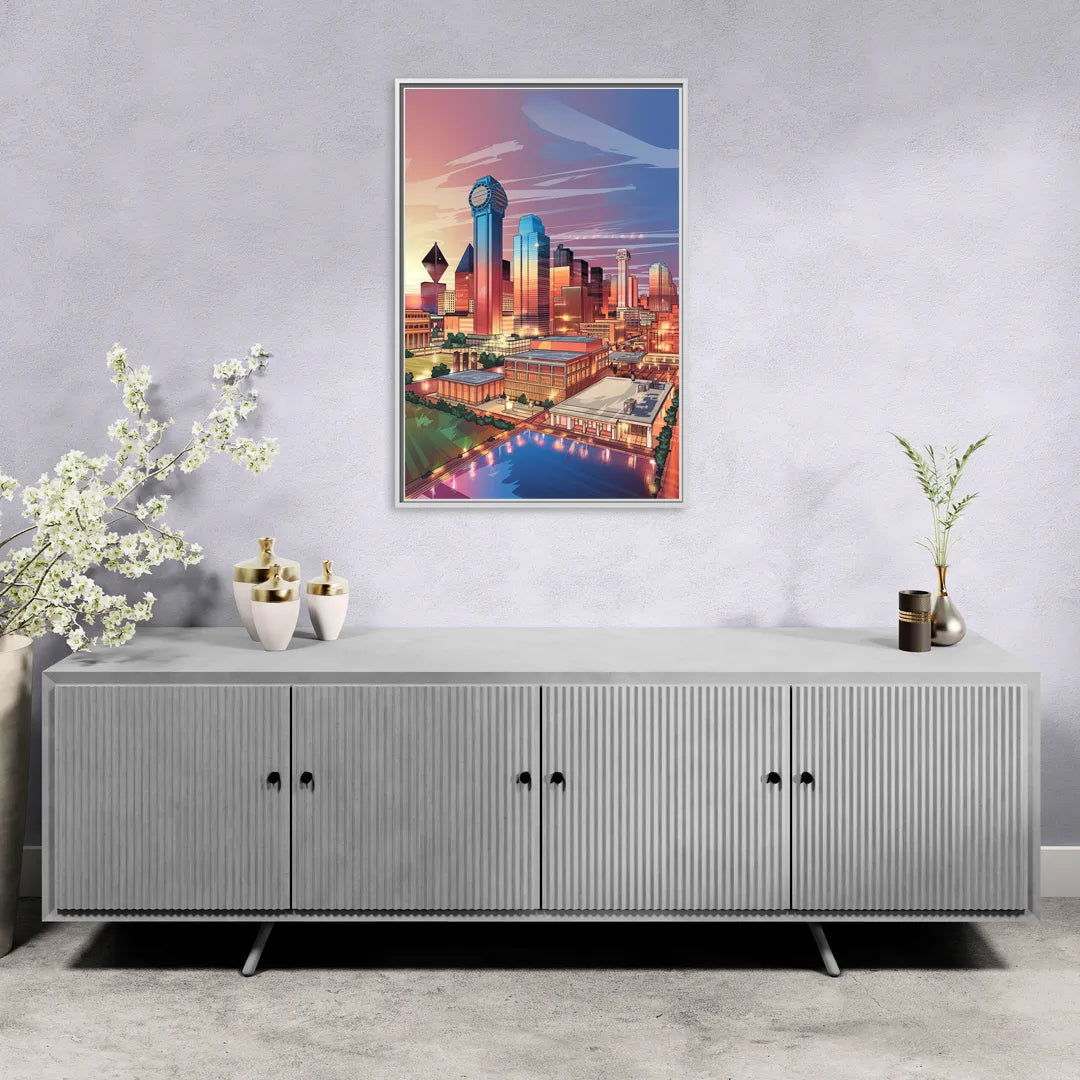 Dallas Downtown Views - Living Room White Frame Canvas