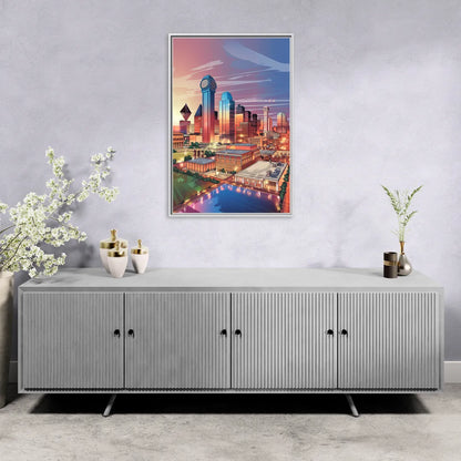 Dallas Downtown Views - Living Room White Frame Canvas