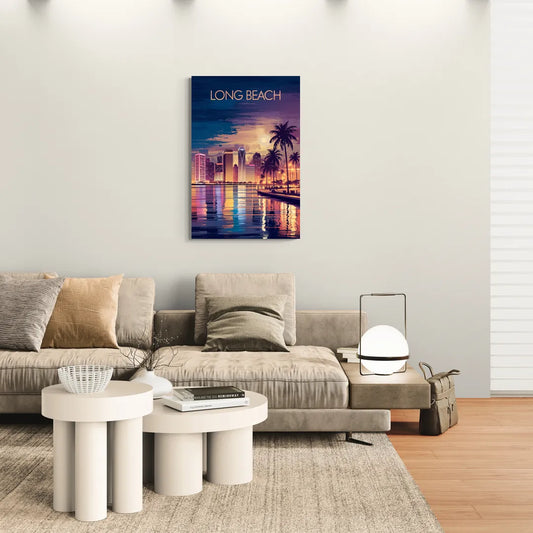 Long Beach Cityscape Evening Lights Nightscape - Canvas Wall Art Living Room