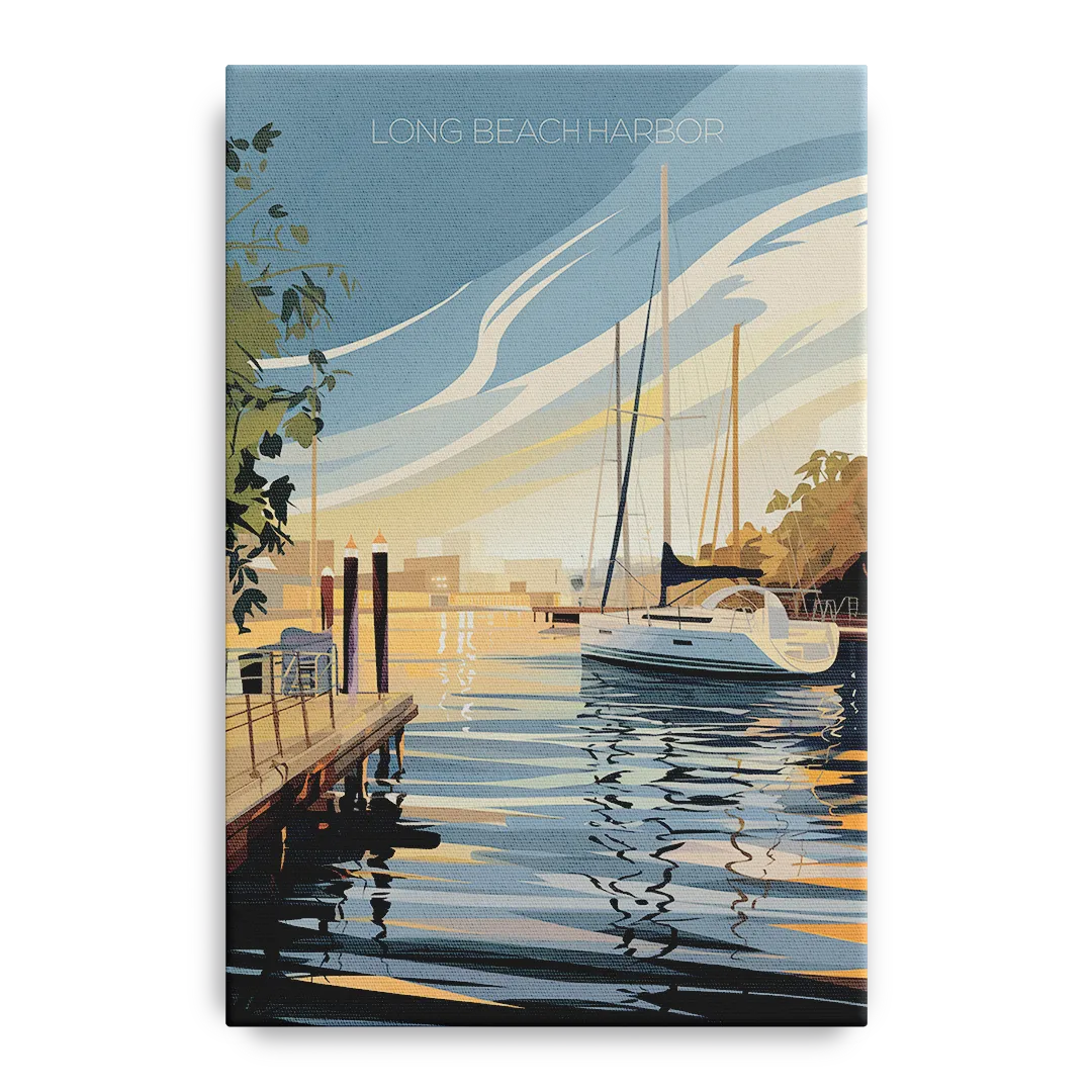 Long Beach Harbor and Sailboats - Canvas Wall Art