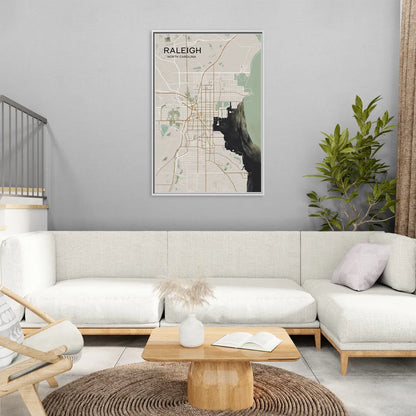 Raleigh City Map Design - Living Room White Frame Canvas