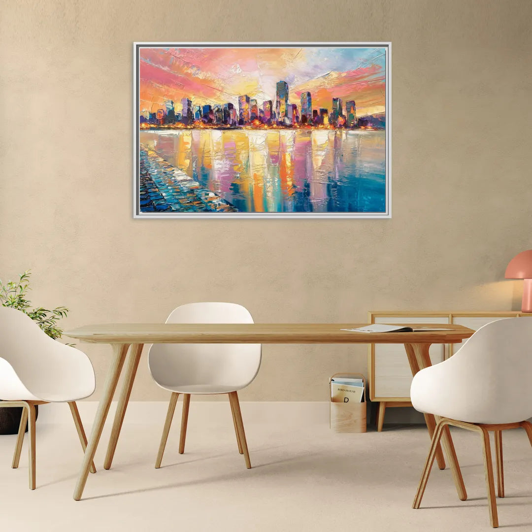 Boston Harbor Sunrise - Living Room White Frame Canvas