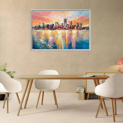 Boston Harbor Sunrise - Living Room White Frame Canvas