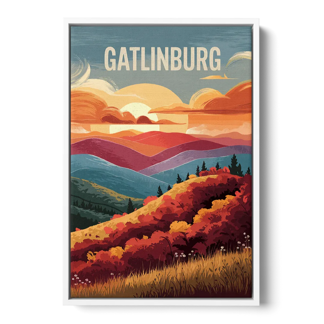 Gatlinburg Sunset Over Hills - White Frame Canvas