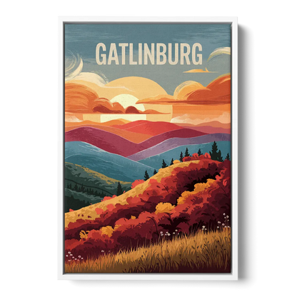 Gatlinburg Sunset Over Hills - White Frame Canvas
