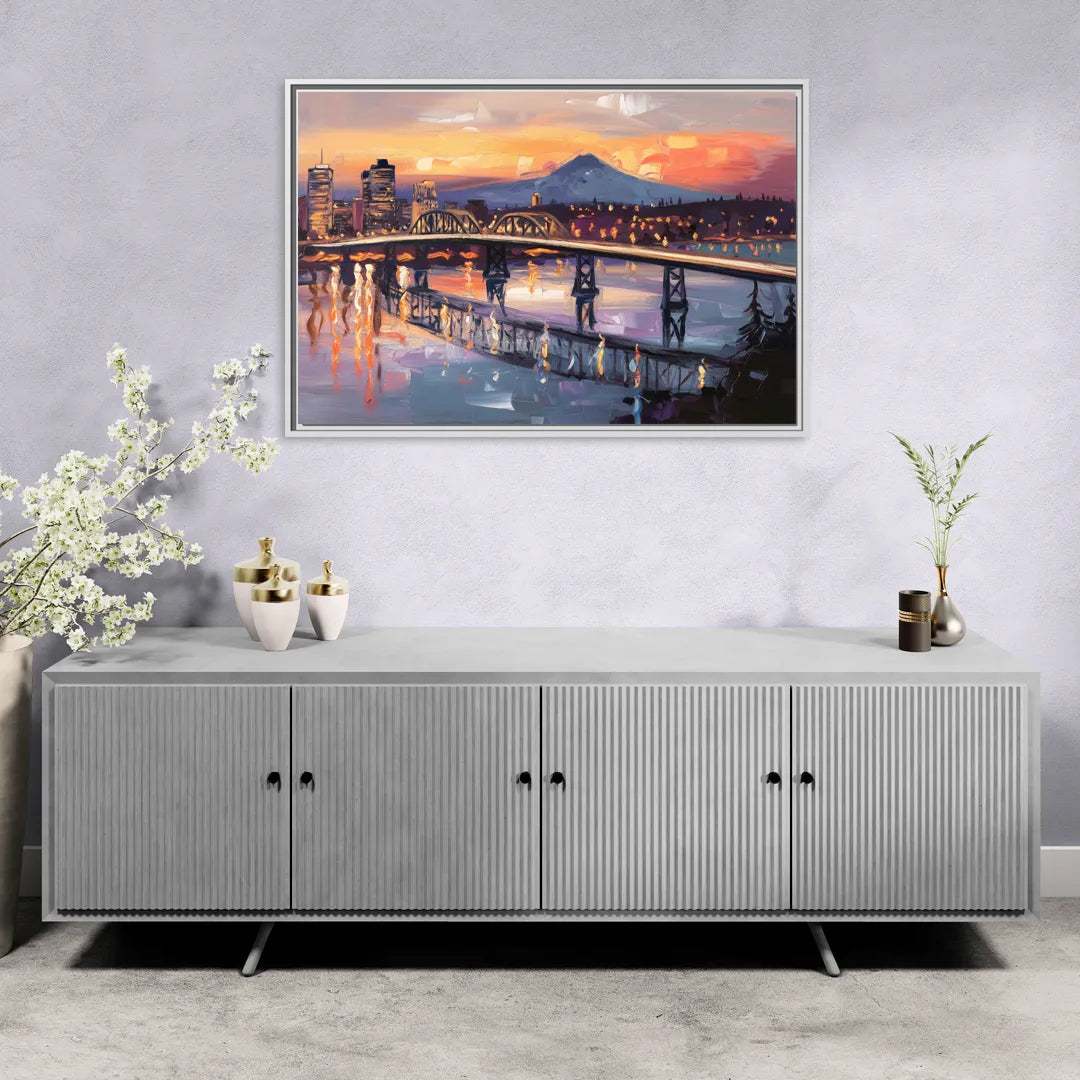 Portland Cityscape At Dusk - Living Room White Frame Canvas