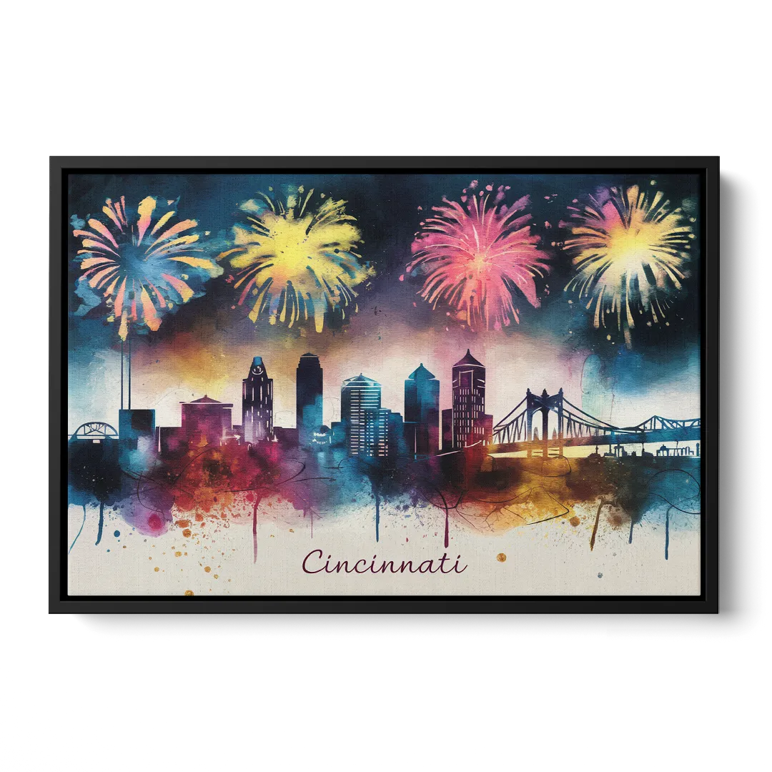 Cincinnati Skyline With Fireworks - Black Frame Canvas