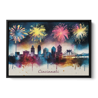 Cincinnati Skyline With Fireworks - Black Frame Canvas