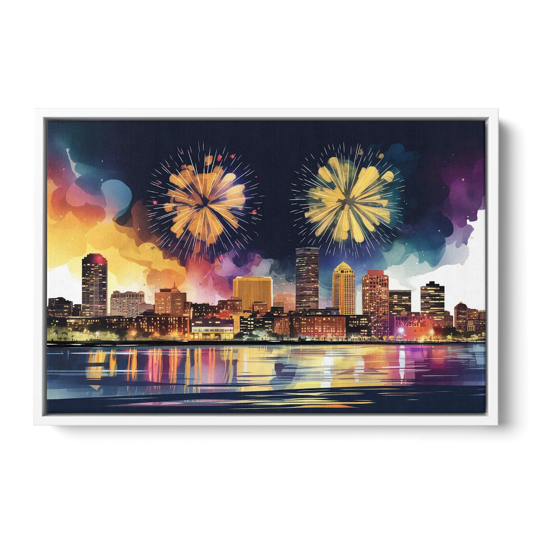 Boston Skyline With Fireworks - White Frame Canvas